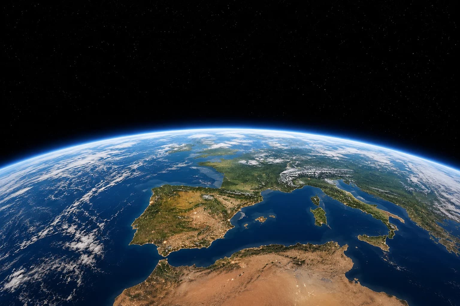 La Tierra vista desde la órbita, con la Península Ibérica al frente